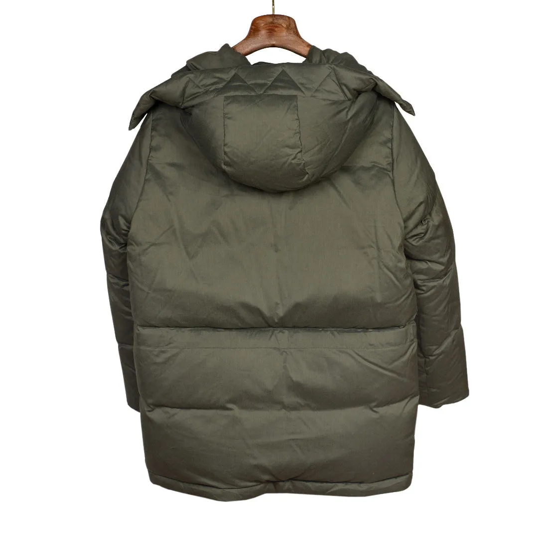 "Expedition Down Parka" in smoky sage green cotton and silk