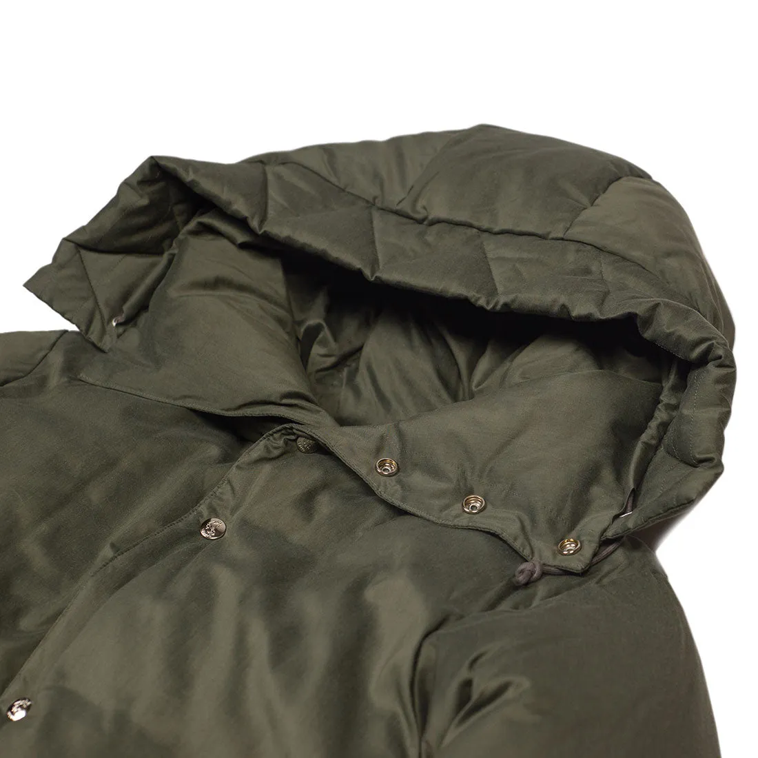 "Expedition Down Parka" in smoky sage green cotton and silk