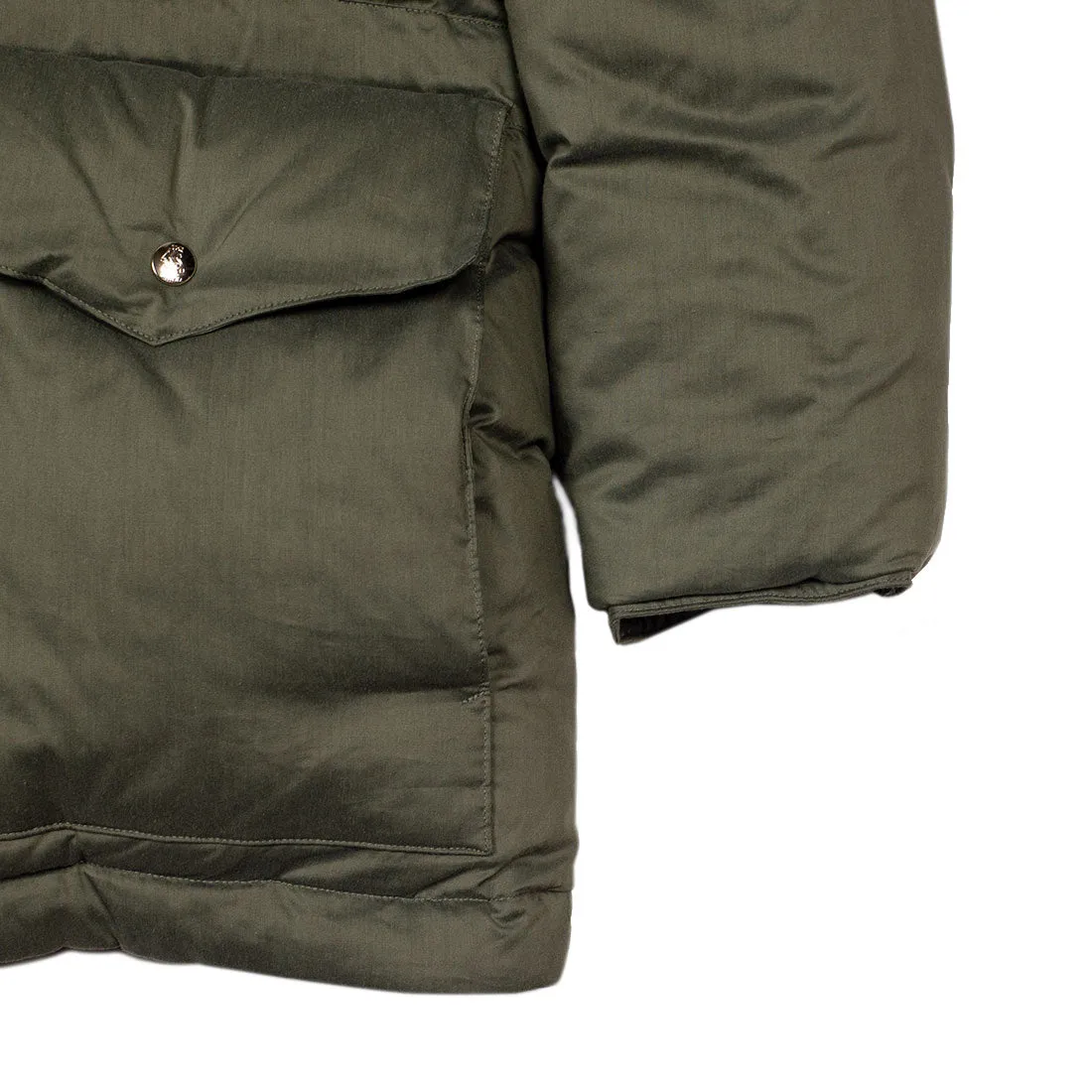 "Expedition Down Parka" in smoky sage green cotton and silk