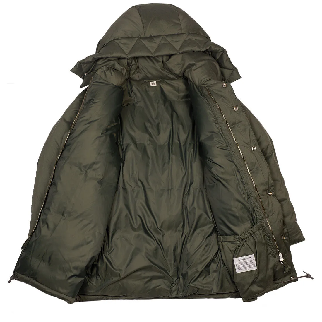 "Expedition Down Parka" in smoky sage green cotton and silk