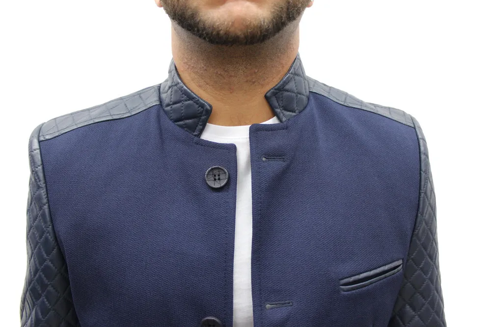 "Mahyar" Navy Blazer With Leather Details On Shoulder And Sleeve