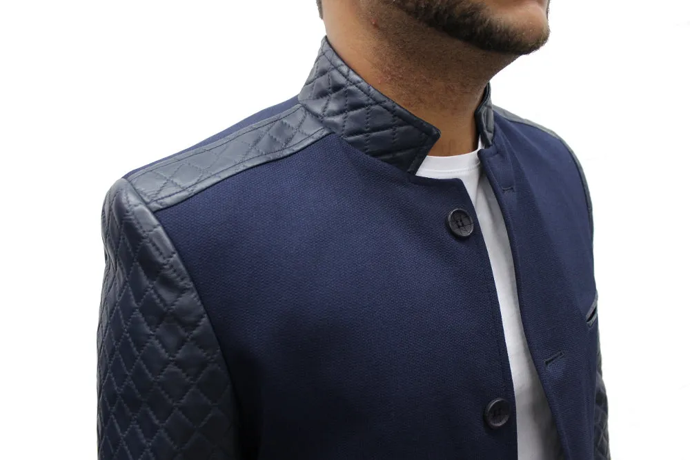 "Mahyar" Navy Blazer With Leather Details On Shoulder And Sleeve