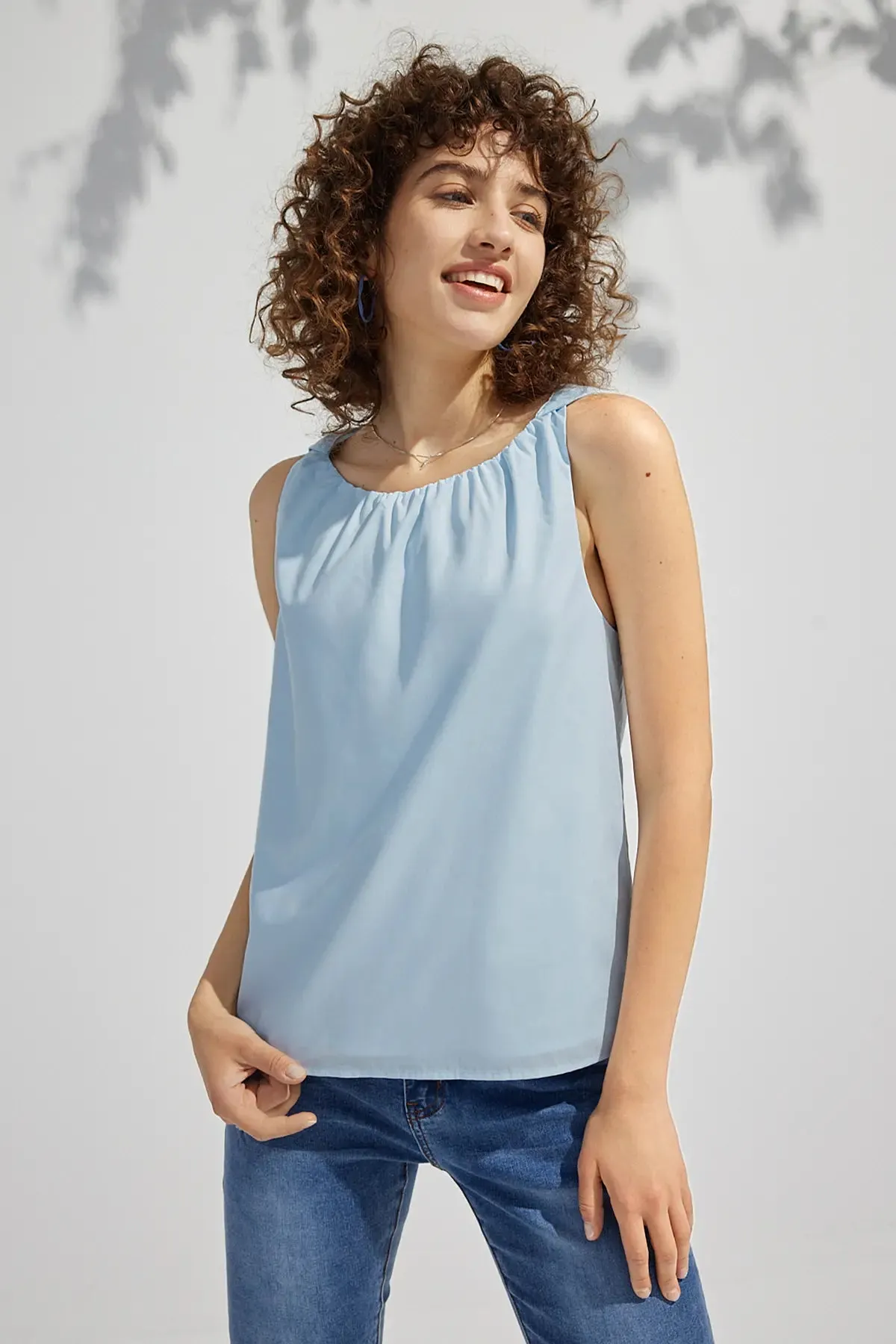 Ruched Round Neck Imitation Tencel Tank Top