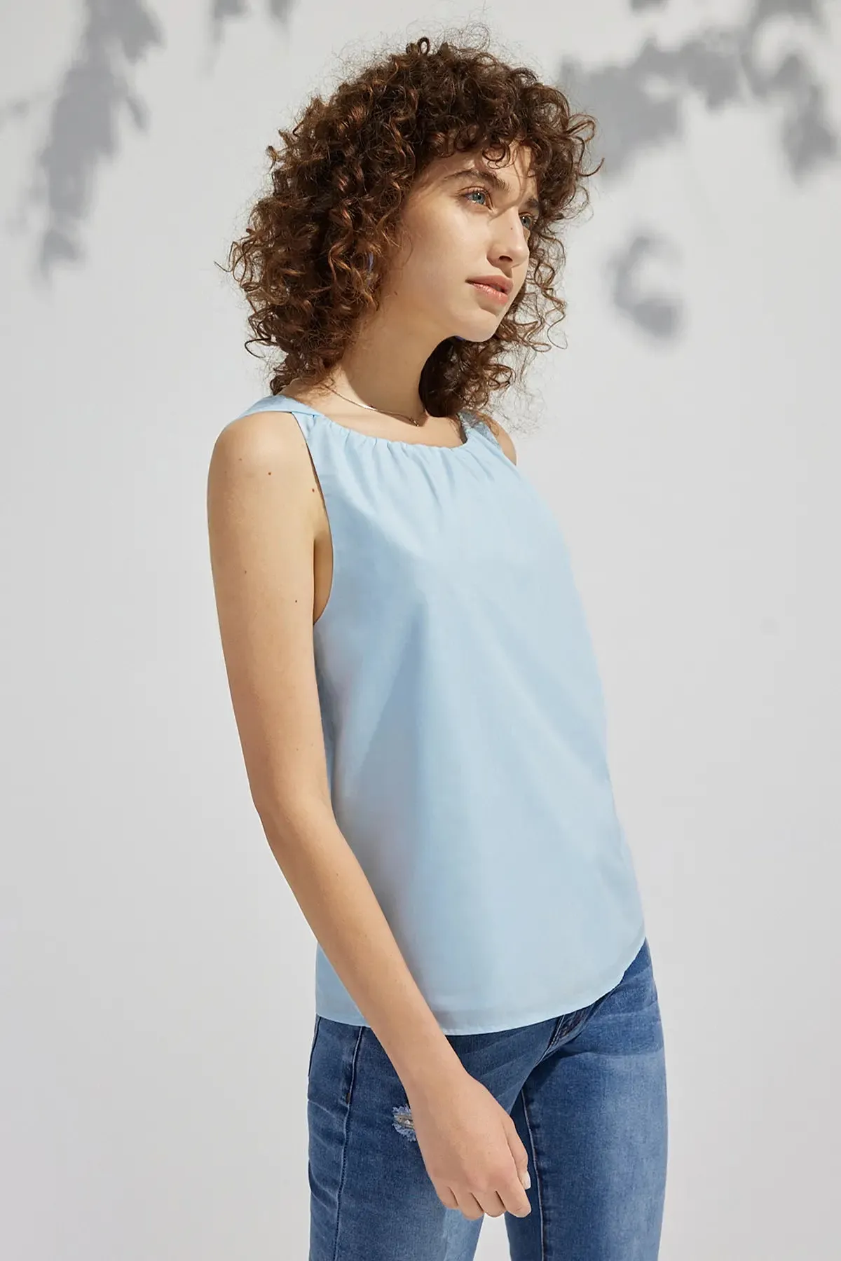 Ruched Round Neck Imitation Tencel Tank Top