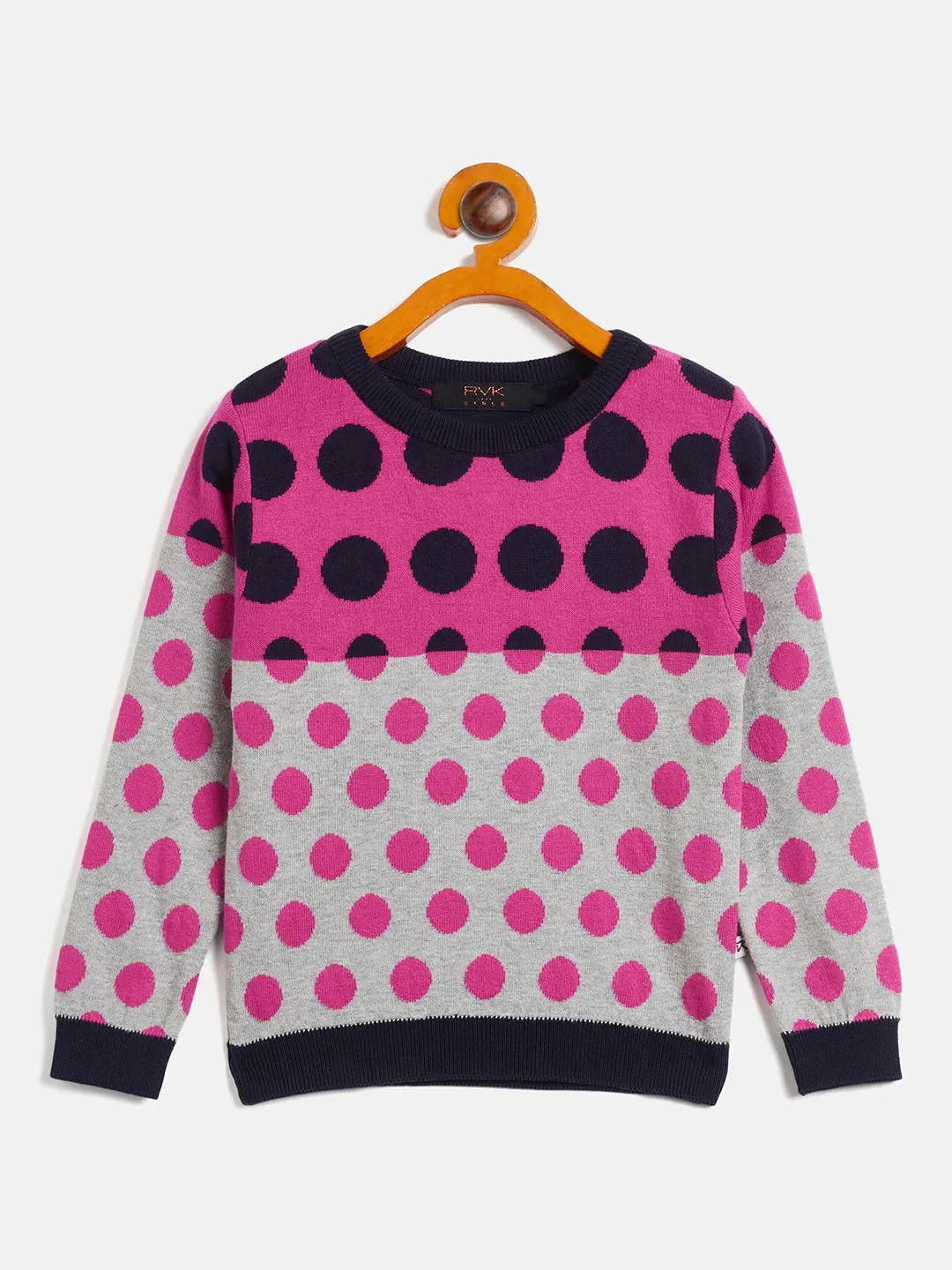 RVK Girls Geometric Printed Round Neck Cotton Pullover Sweater