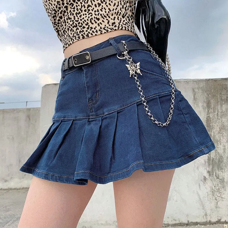 Side Slant Pocket Pleated Hem Belt Loops Denim Skort