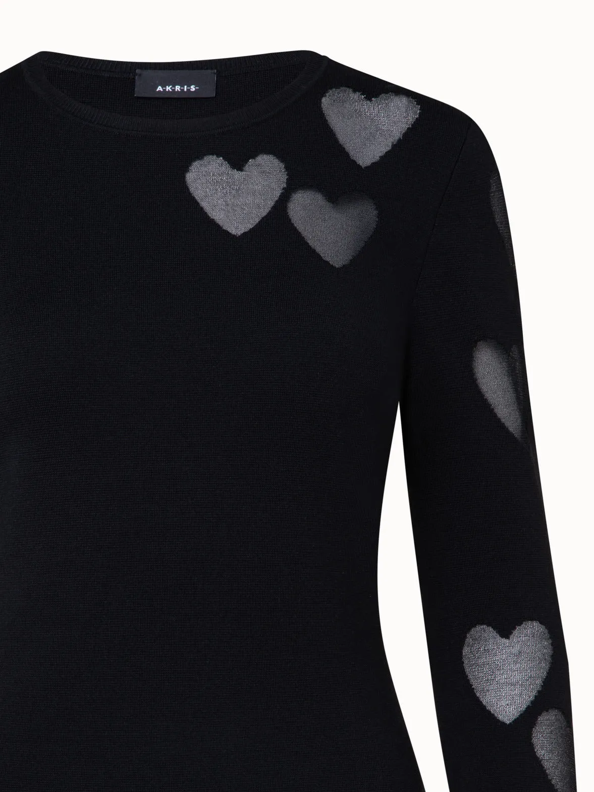 Silk Stretch Knit Pullover with Transparent Hearts Intarsia