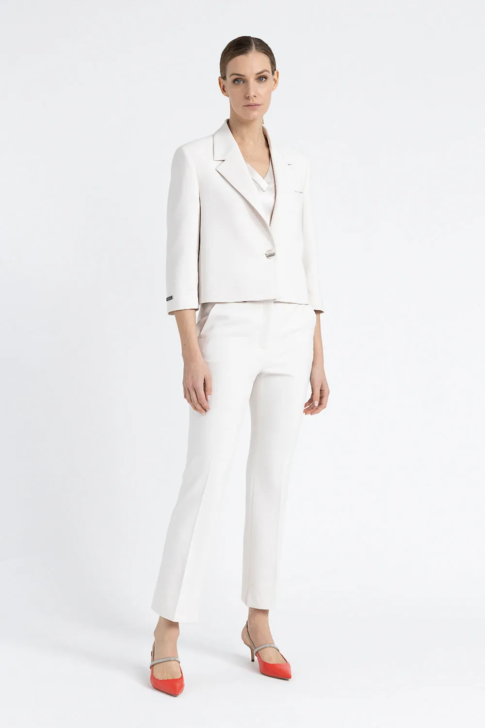 Single-breasted crop blazer in a viscose-cotton blend fabric