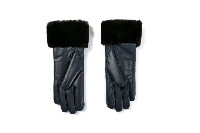 SL111 - LEATHTER UPPER Genuine Shearling Sheepskin GLOVE(NAPPA NAVY)