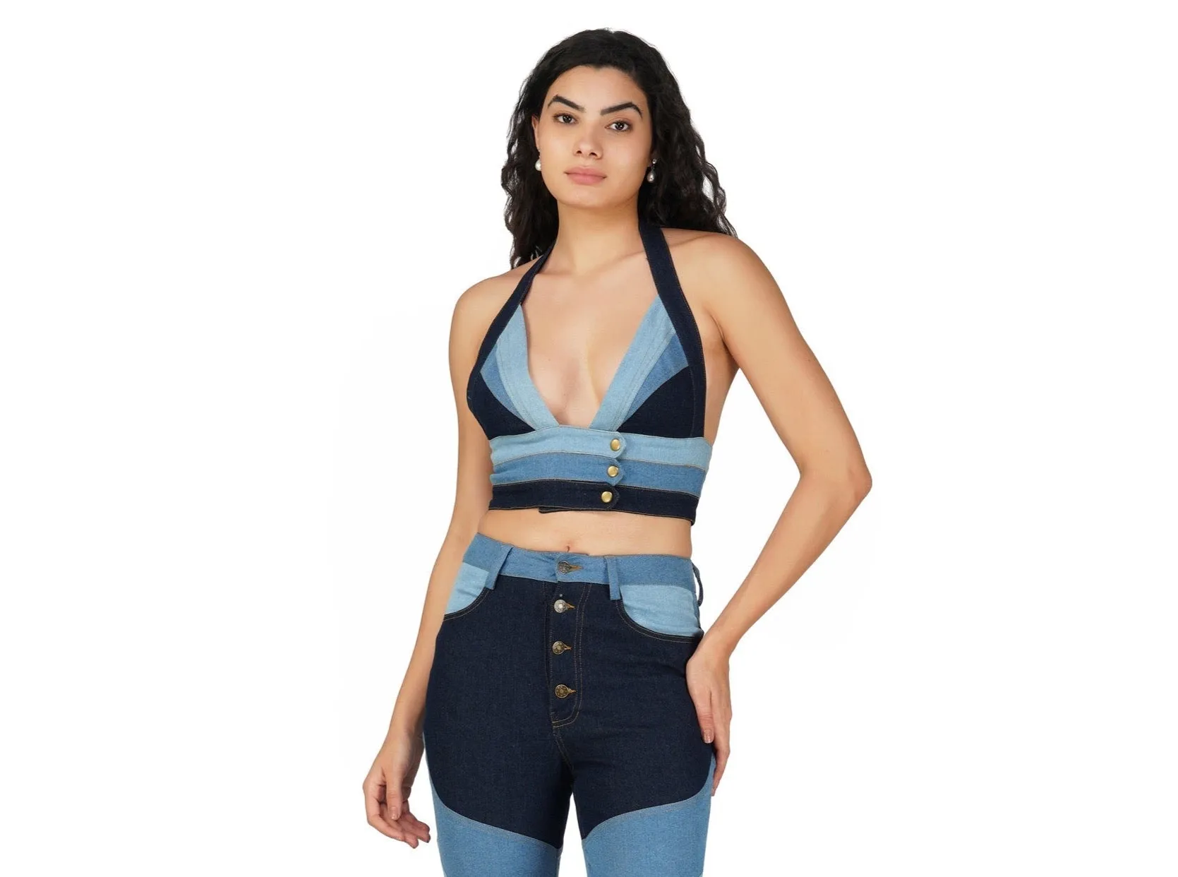 SLAY. Women's 3 Way Acid Wash Colorblock Denim Bikini Bralette(Stretch Fabric)