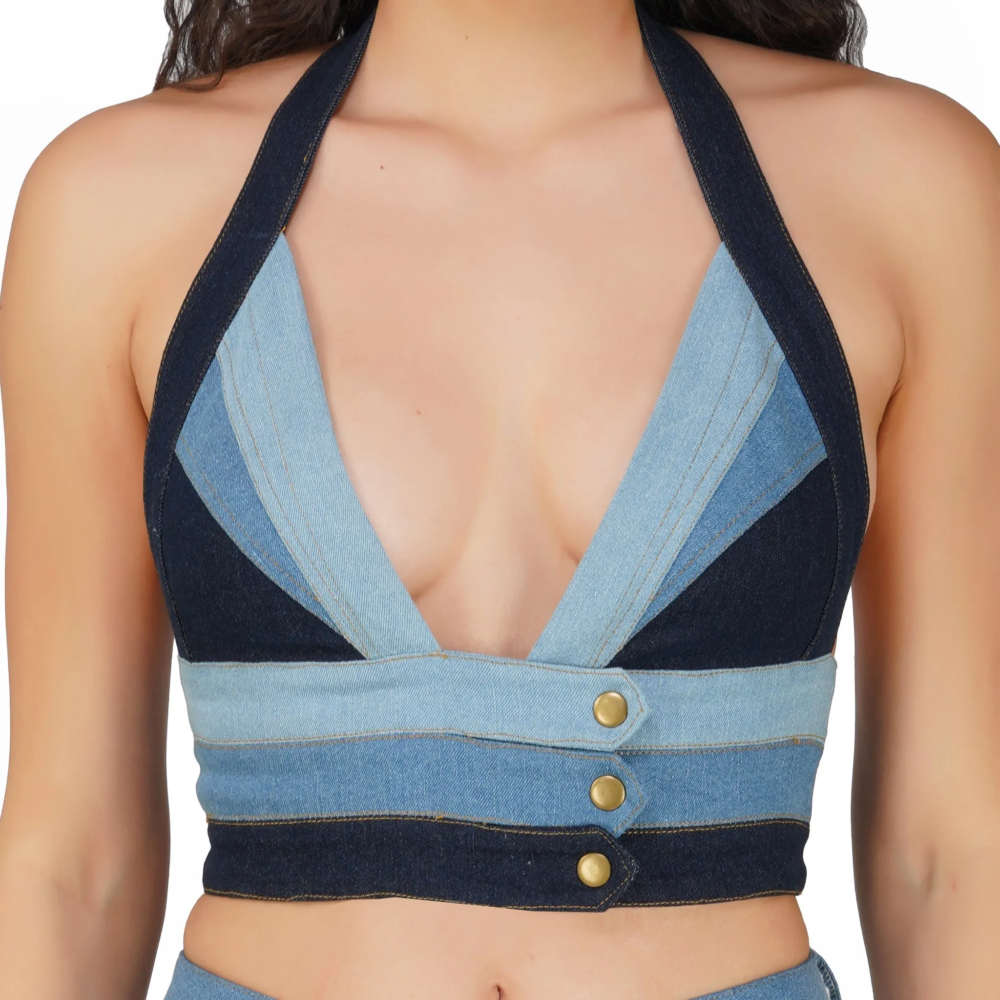 SLAY. Women's 3 Way Acid Wash Colorblock Denim Bikini Bralette(Stretch Fabric)