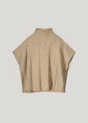 Sleeveless Wool Mix Cable Jumper with Turtleneck in Beige