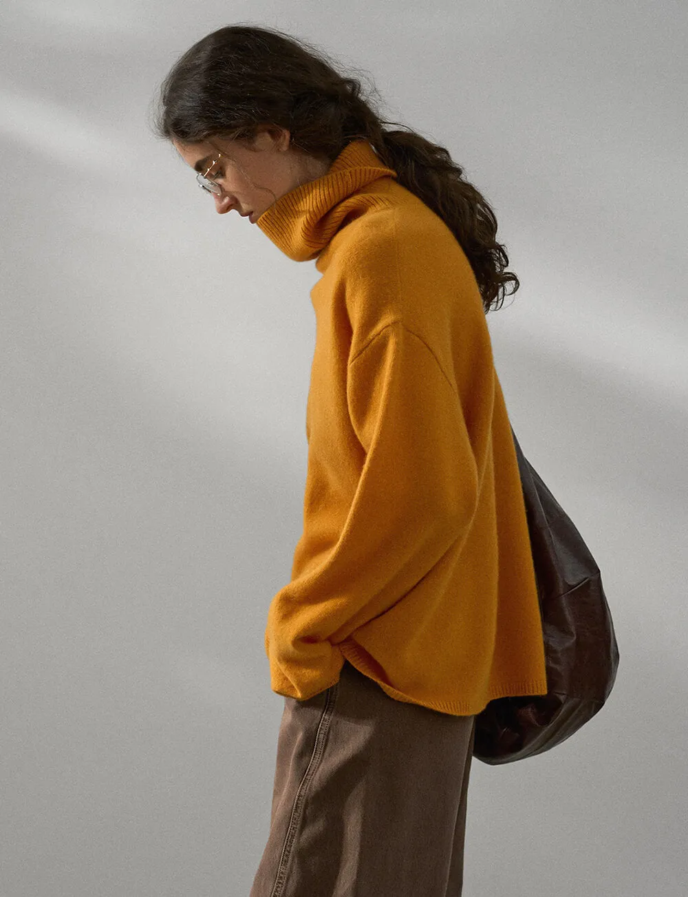 Soft Wool Oversized Turtleneck Sweater in Turmeric