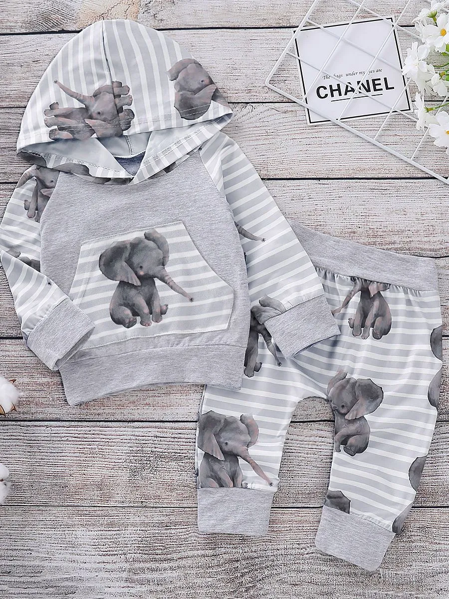 Stripe Elephant Outfits Hooded Pants 2-Piece Spring Baby Boy Clothes