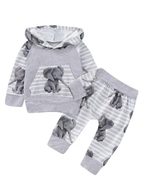 Stripe Elephant Outfits Hooded Pants 2-Piece Spring Baby Boy Clothes