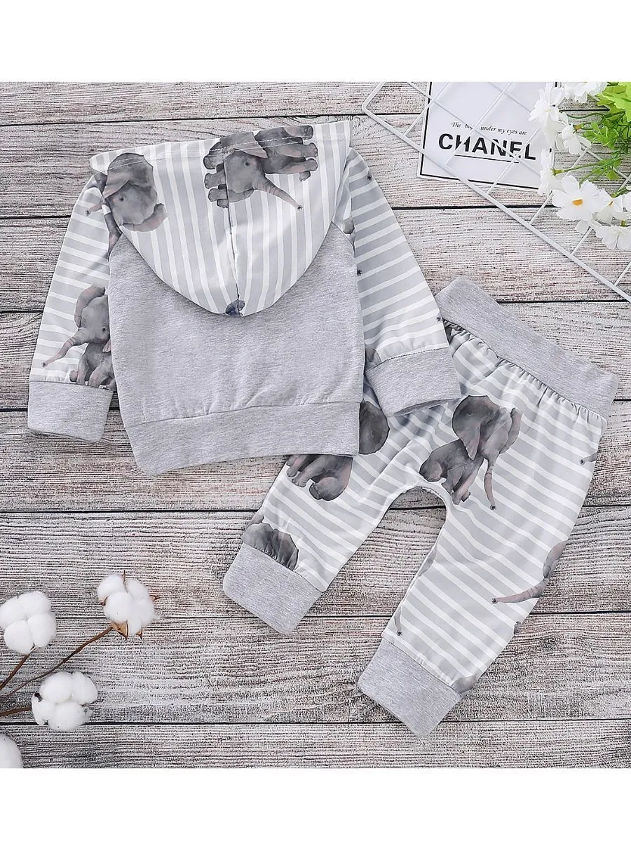 Stripe Elephant Outfits Hooded Pants 2-Piece Spring Baby Boy Clothes