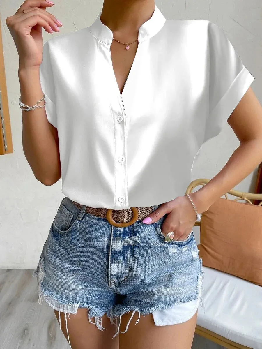 Summer Minimalist Women's V-neck Shirt 2023 Elegant Women's Satin Red Short Sleeved Single Breasted Casual Fitting Office Shirt