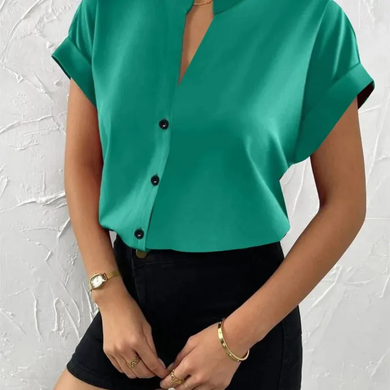 Summer Minimalist Women's V-neck Shirt 2023 Elegant Women's Satin Red Short Sleeved Single Breasted Casual Fitting Office Shirt