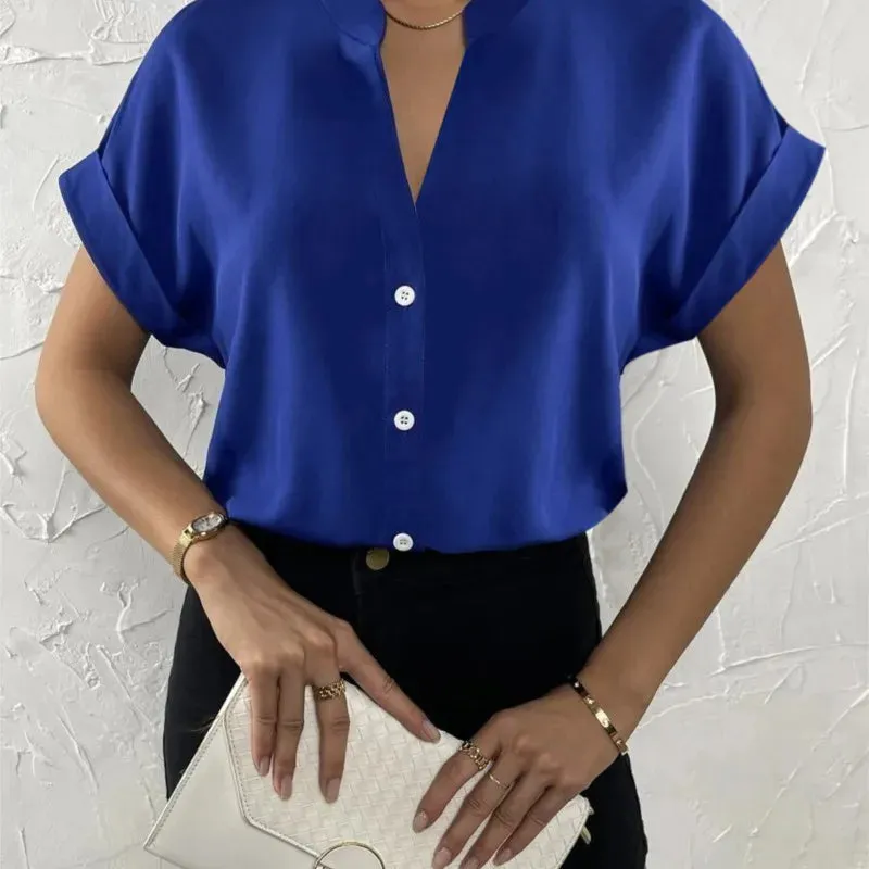 Summer Minimalist Women's V-neck Shirt 2023 Elegant Women's Satin Red Short Sleeved Single Breasted Casual Fitting Office Shirt