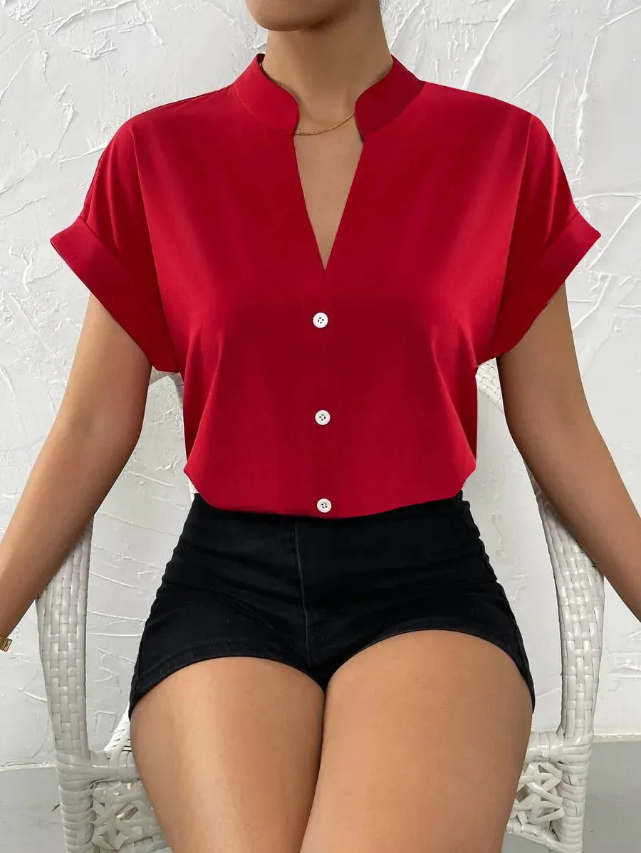 Summer Minimalist Women's V-neck Shirt 2023 Elegant Women's Satin Red Short Sleeved Single Breasted Casual Fitting Office Shirt