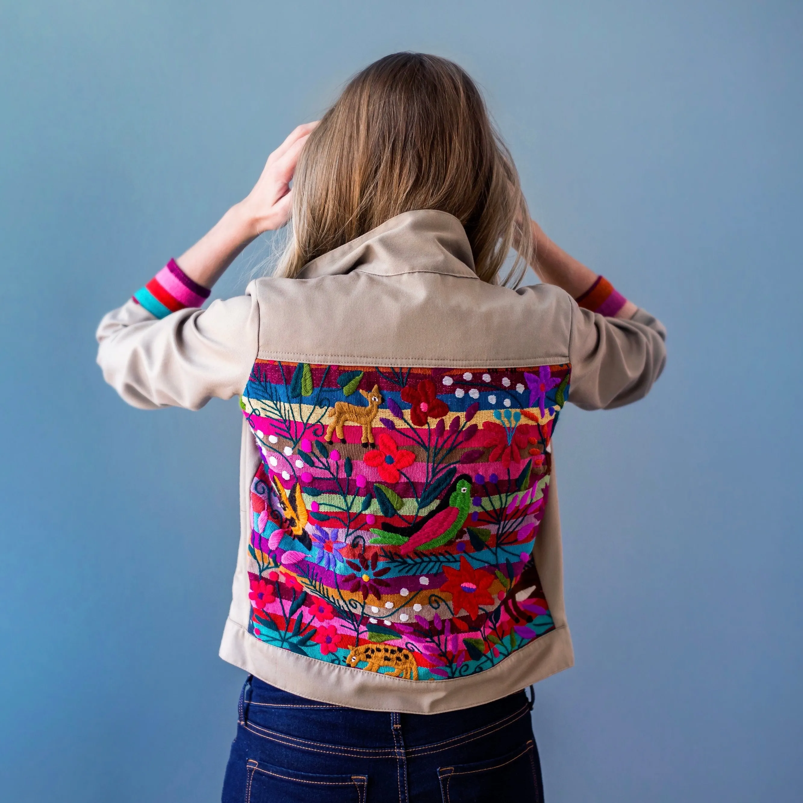 Tan Bomber Jacket with Chiapas Striped Rainbow Embroidery (Assorted Sizes)