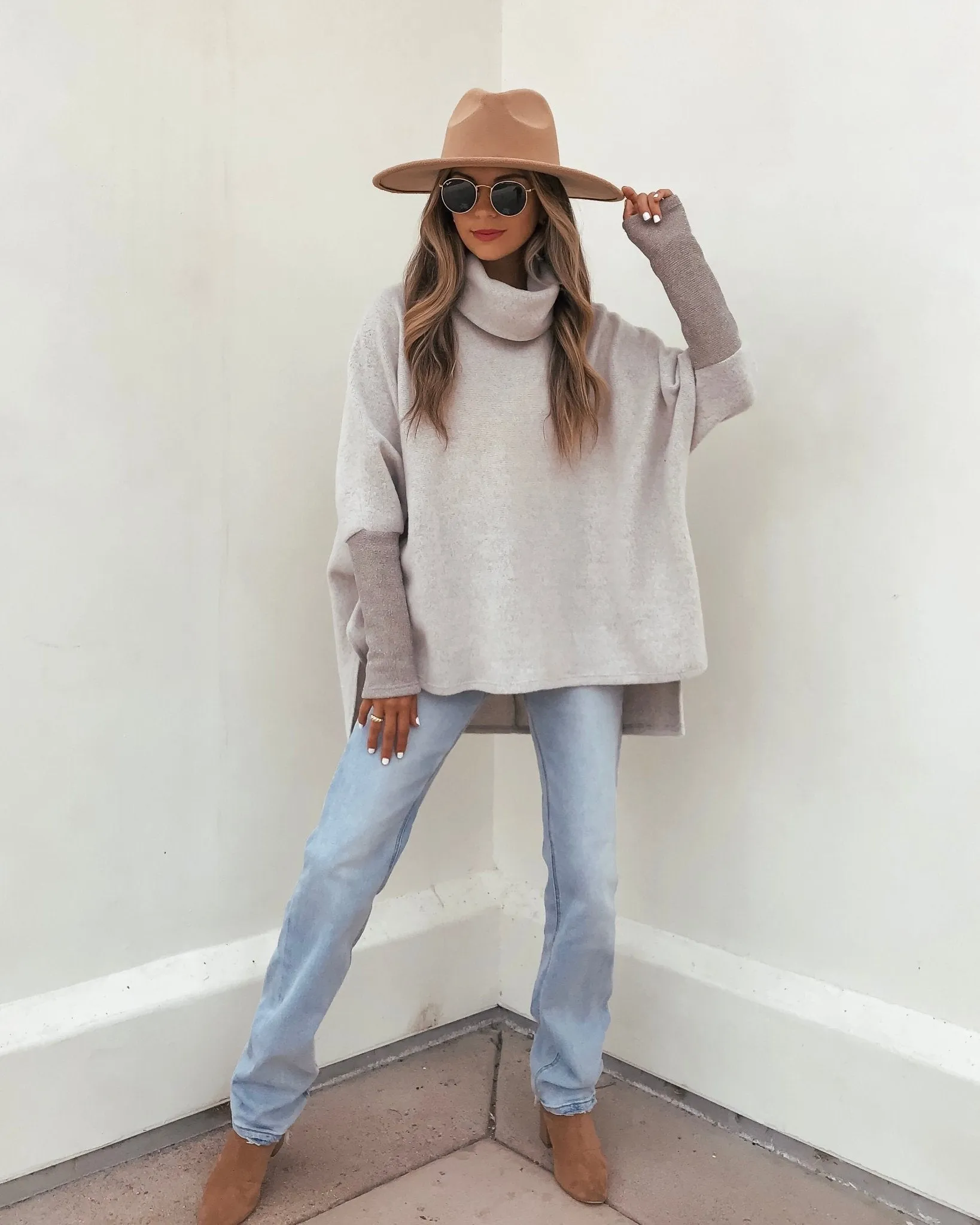 Taupe Color Block Turtleneck Sweater