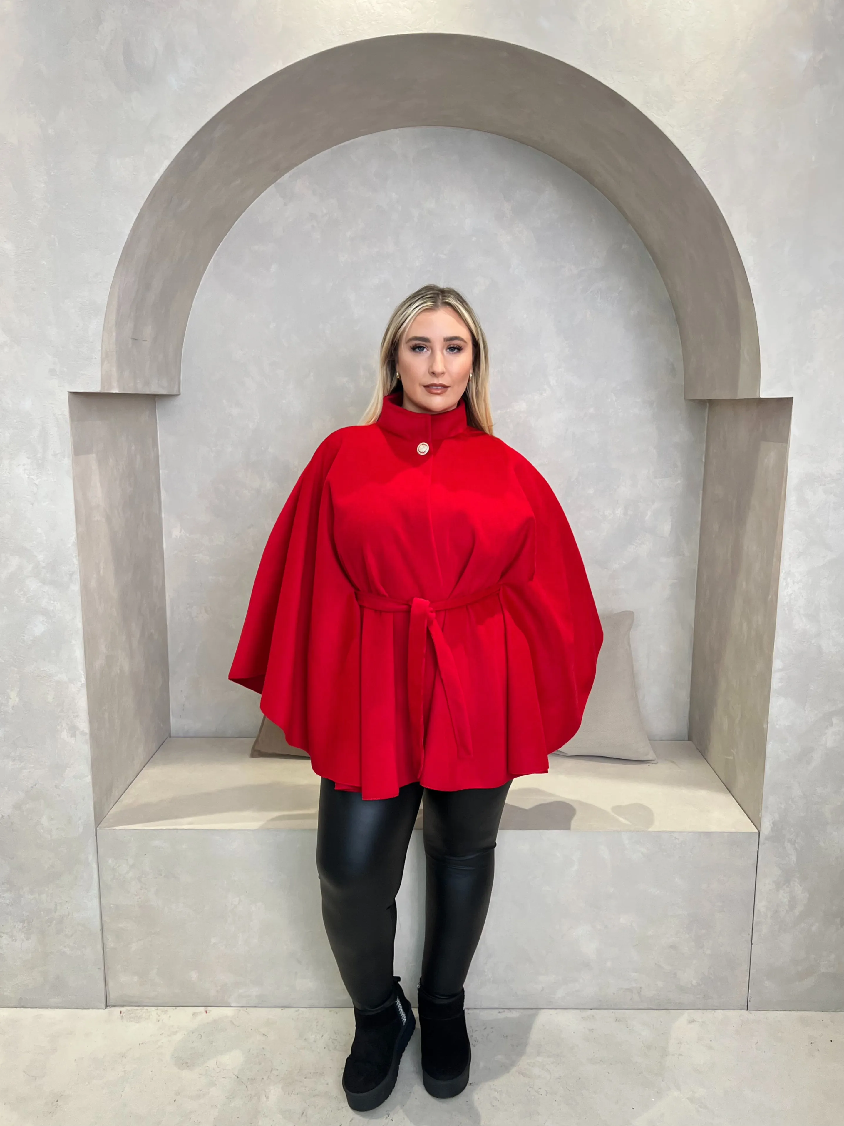 Tie Belt Cape With Stand Up Collar