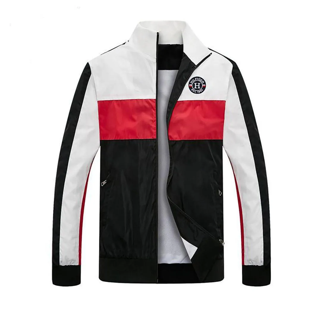 Tom Color Block Designed Round Logo Zip Down Jacket-White Red Black