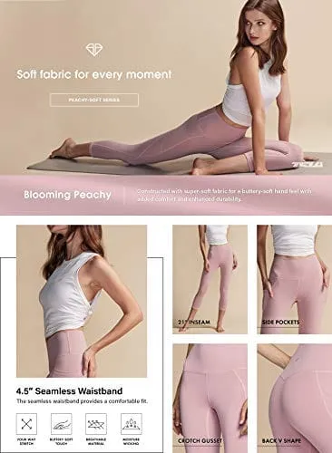 TSLA High Waist Yoga Pants with Pockets, Tummy Control Yoga Leggings, Non See-Through Workout Running Tights, Capris Pocket Peachy Dark Plum