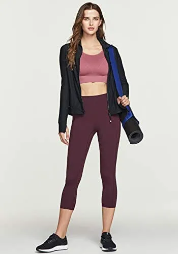 TSLA High Waist Yoga Pants with Pockets, Tummy Control Yoga Leggings, Non See-Through Workout Running Tights, Capris Pocket Peachy Dark Plum