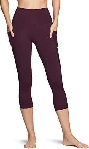 TSLA High Waist Yoga Pants with Pockets, Tummy Control Yoga Leggings, Non See-Through Workout Running Tights, Capris Pocket Peachy Dark Plum