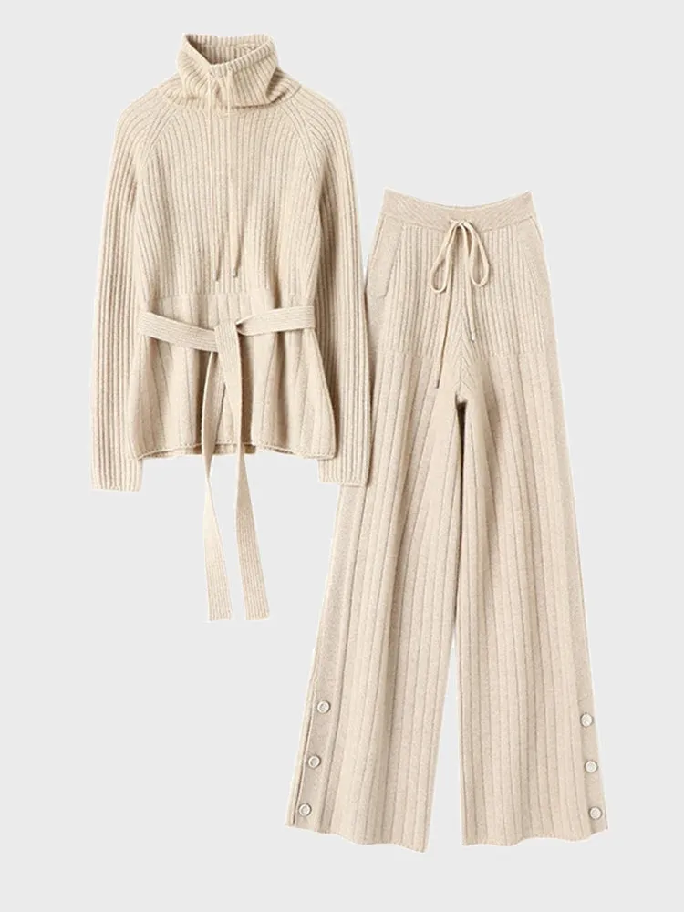 Turtleneck Lace-Up Sweater & Wide Leg Drawstring Pants Two-Piece Set (Apricot)