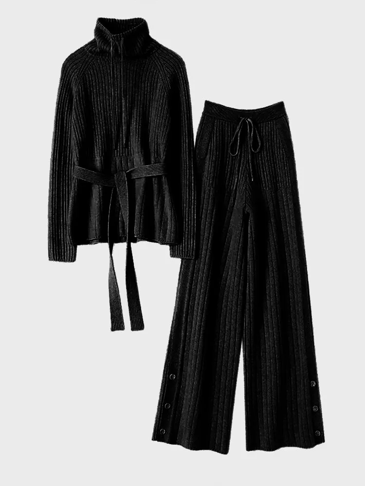 Turtleneck Lace-Up Sweater & Wide Leg Drawstring Pants Two-Piece Set (Black)