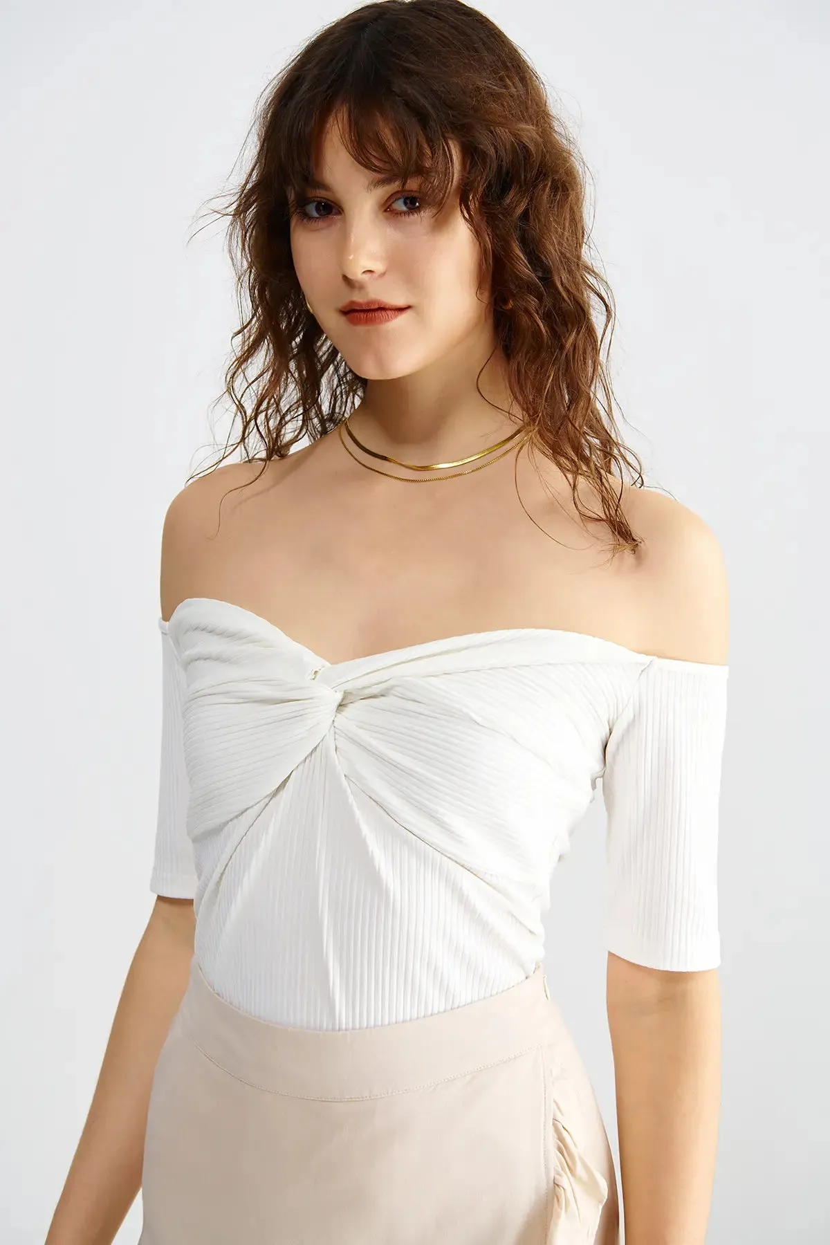 Twist Off the Shoulder Rib Top