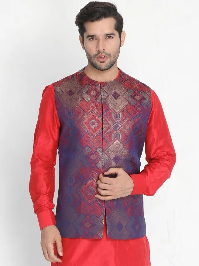 VASTRAMAY Men's Red Silk Blend Ethnic Jacket