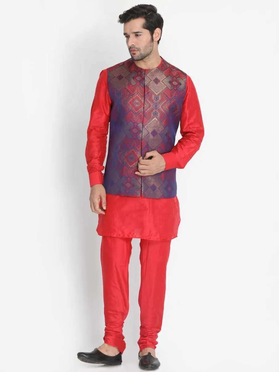 VASTRAMAY Men's Red Silk Blend Ethnic Jacket