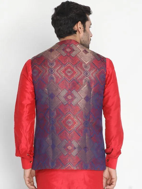 VASTRAMAY Men's Red Silk Blend Ethnic Jacket