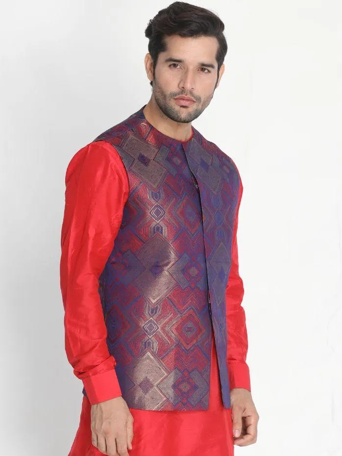 VASTRAMAY Men's Red Silk Blend Ethnic Jacket