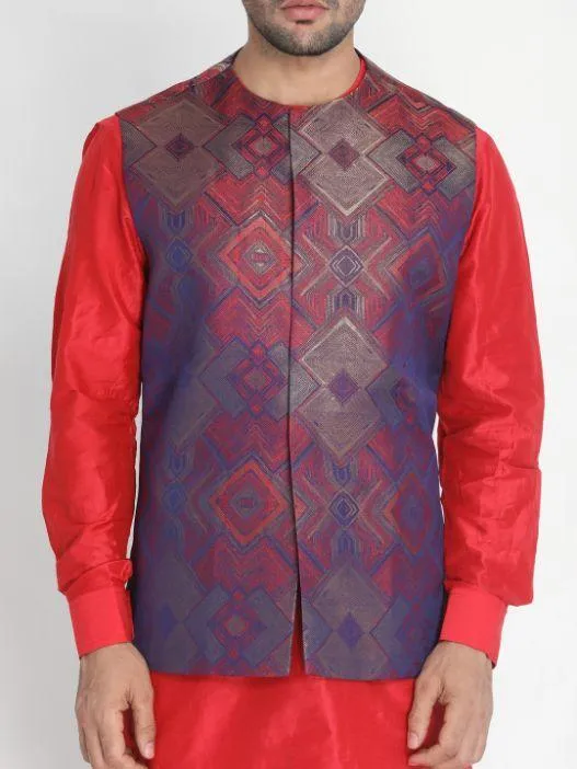 VASTRAMAY Men's Red Silk Blend Ethnic Jacket