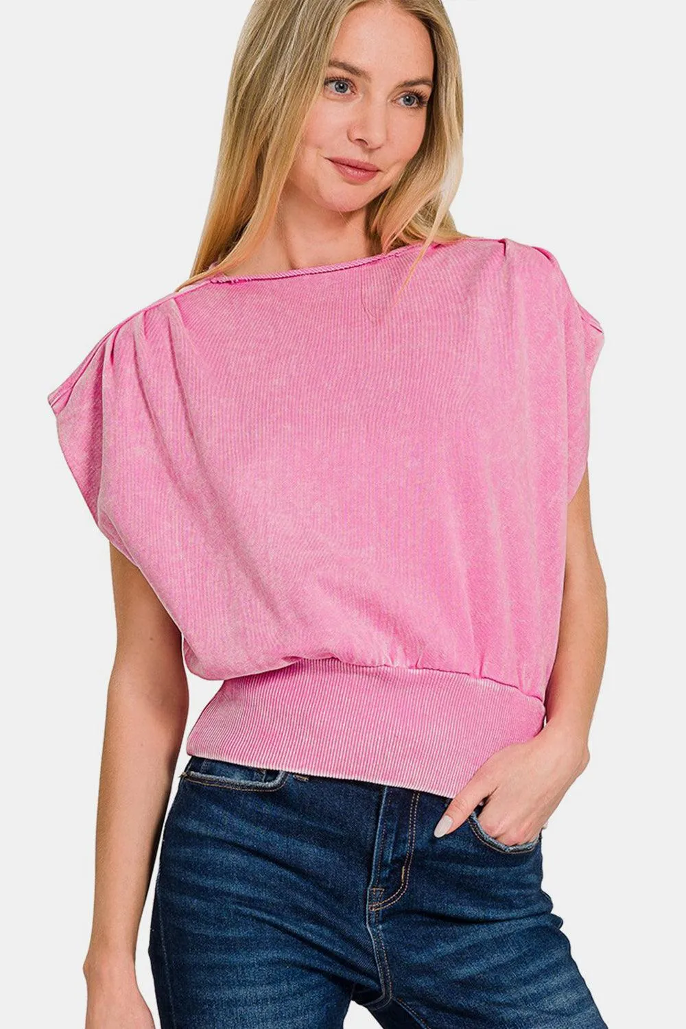 Washed Boat Neck Dolman Sleeve Top