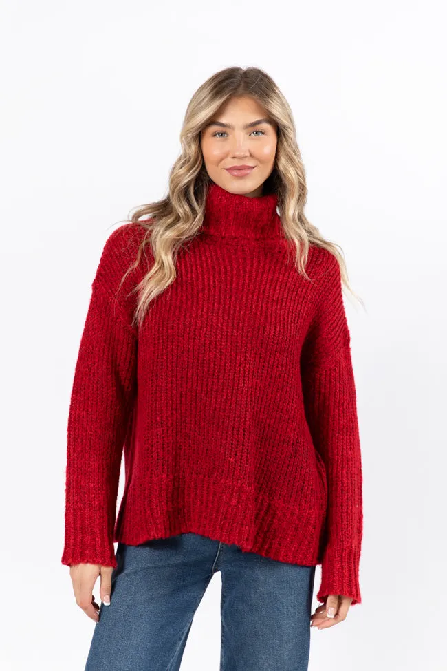 What I Need Red Fuzzy Oversized Turtleneck Sweater