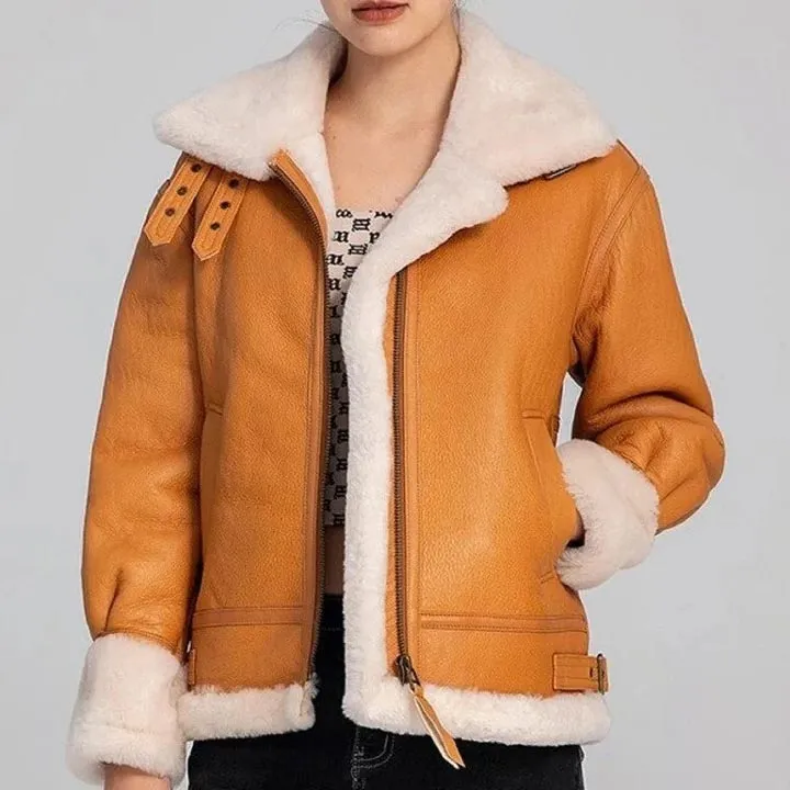 Women Vintage RAF Aviator Flight Shearling Sheepskin Leather Jacket