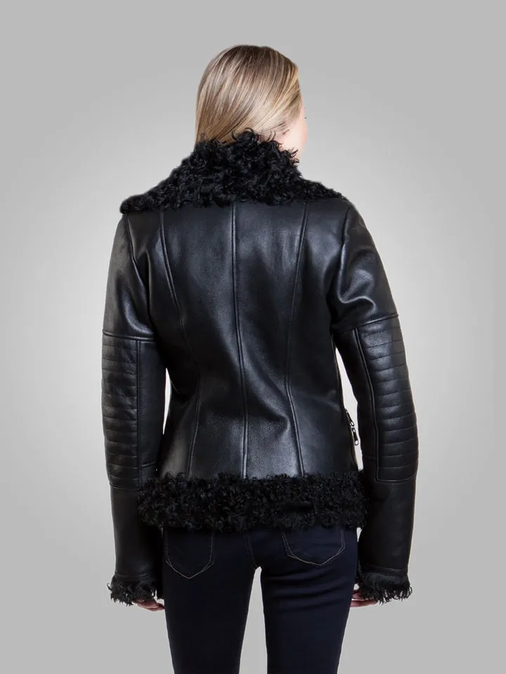 Women’s Black Leather Black Shearling Big Collared Jacket