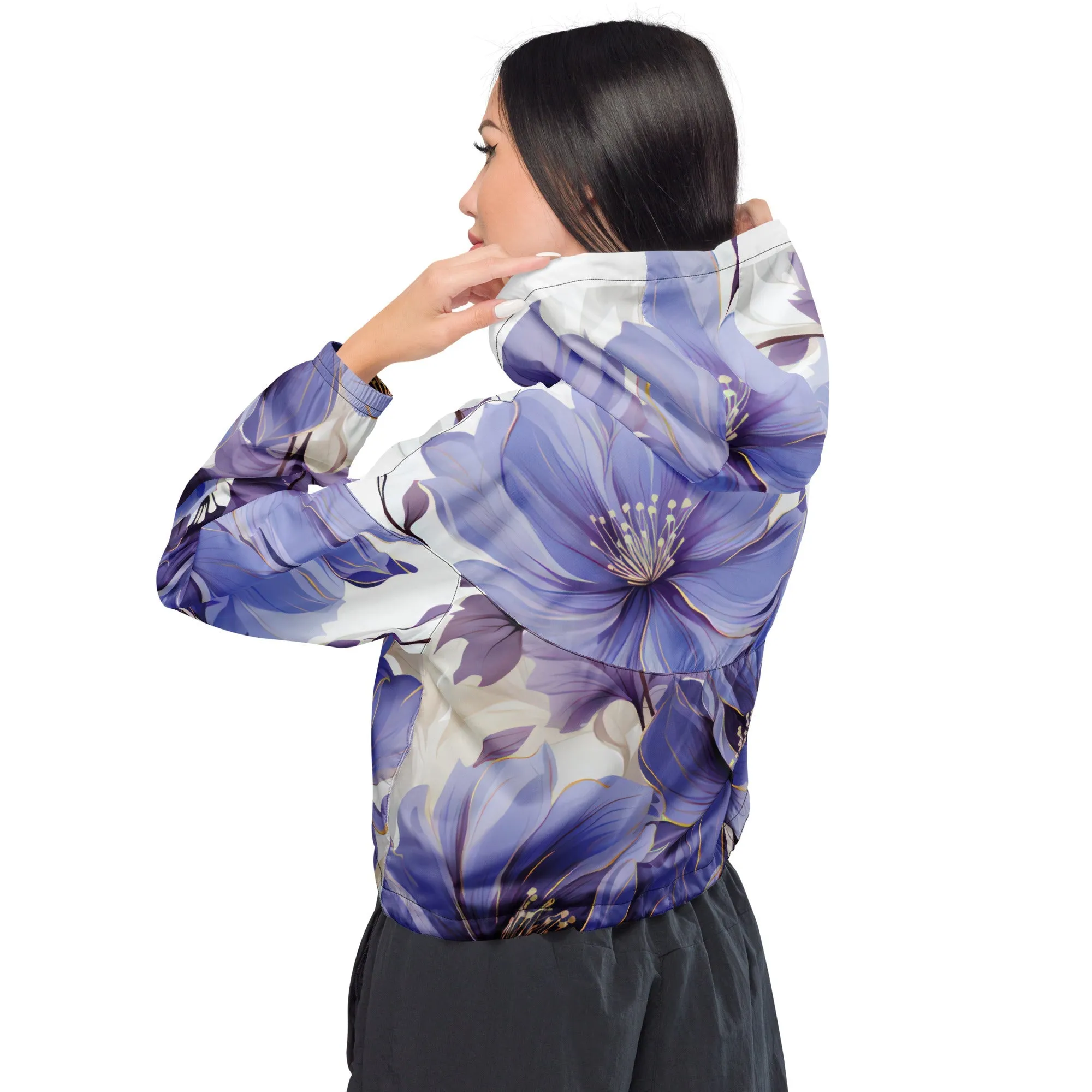 Womens Cropped Windbreaker Jacket, Purple Botanical Blooms