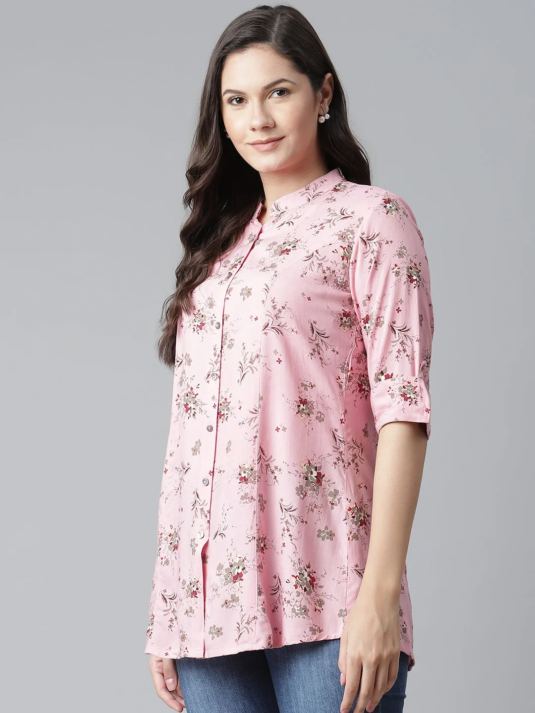 Women'S Pink Leaf Rayon Print Top