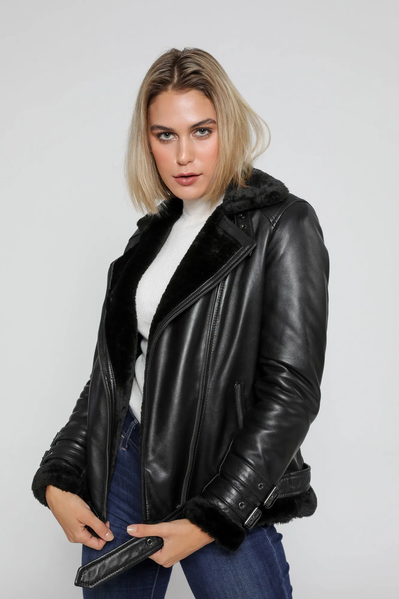 Women's Sylvia Black Shearling Fur Leather Jacket