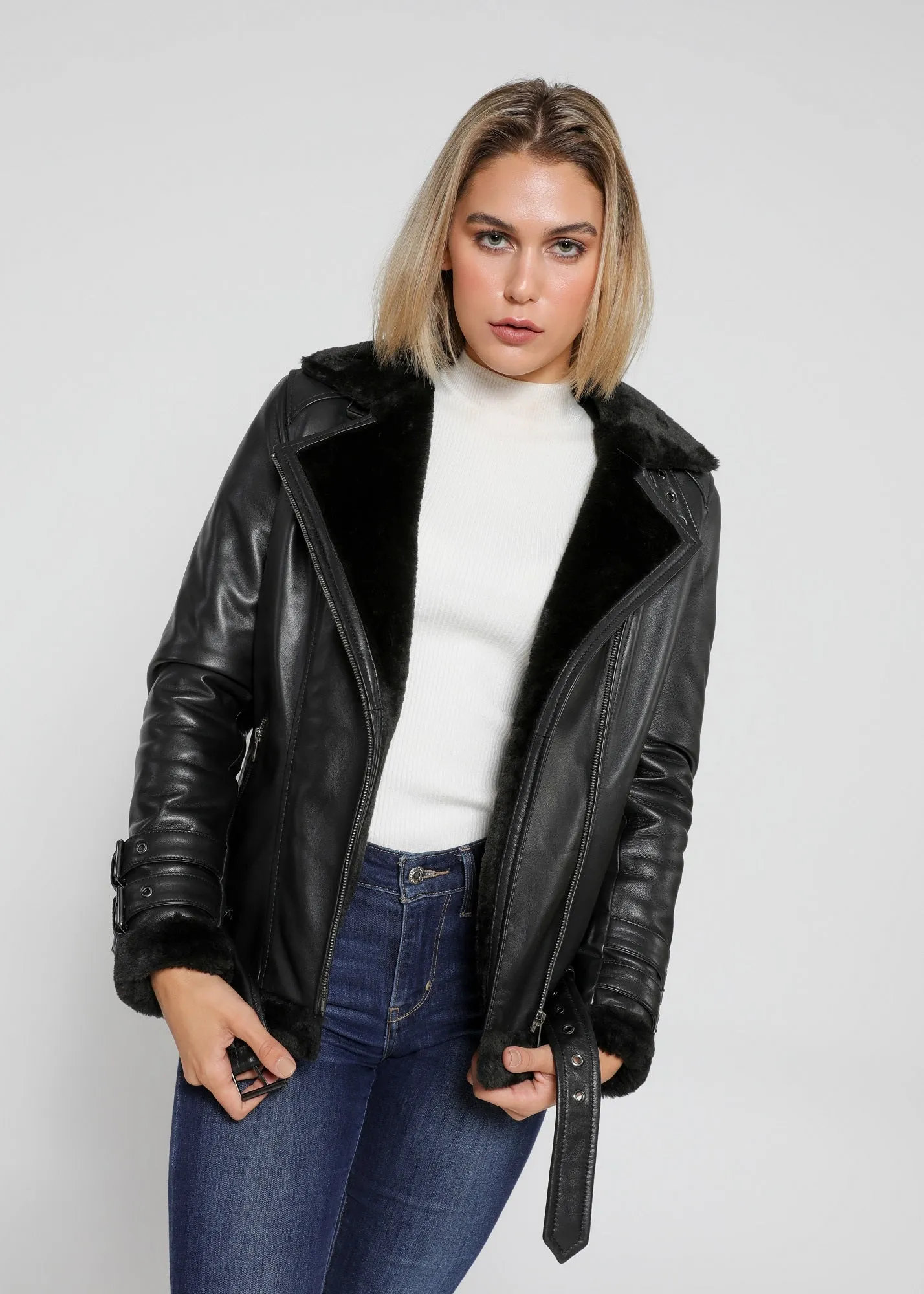 Women's Sylvia Black Shearling Fur Leather Jacket