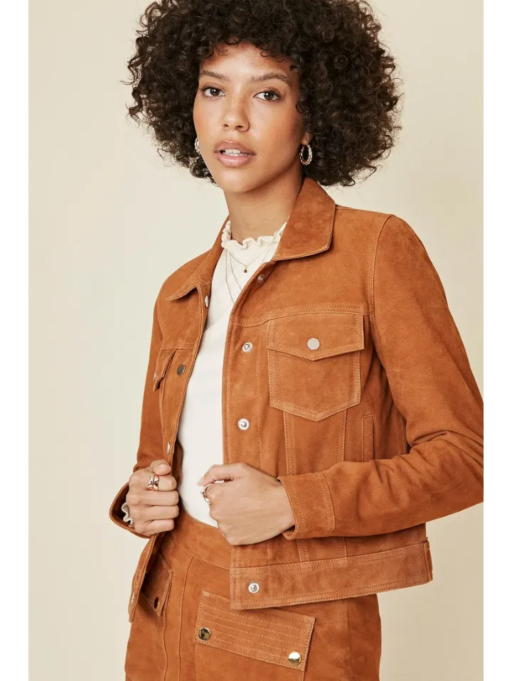 Women’s Tan Brown Suede Leather Trucker Jacket