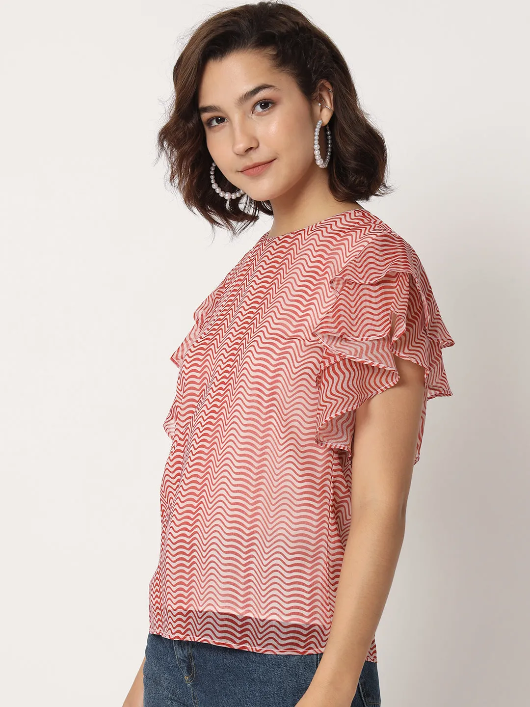 Women's Zig-Zag Printed Flutter Sleeve Top